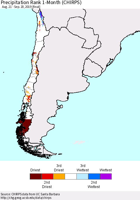 Chile Precipitation Rank since 1981, 1-Month (CHIRPS) Thematic Map For 8/21/2019 - 9/20/2019