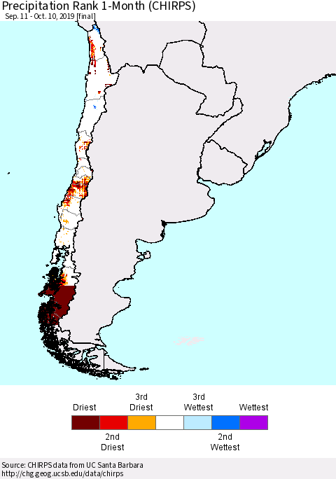 Chile Precipitation Rank since 1981, 1-Month (CHIRPS) Thematic Map For 9/11/2019 - 10/10/2019