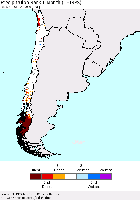 Chile Precipitation Rank since 1981, 1-Month (CHIRPS) Thematic Map For 9/21/2019 - 10/20/2019