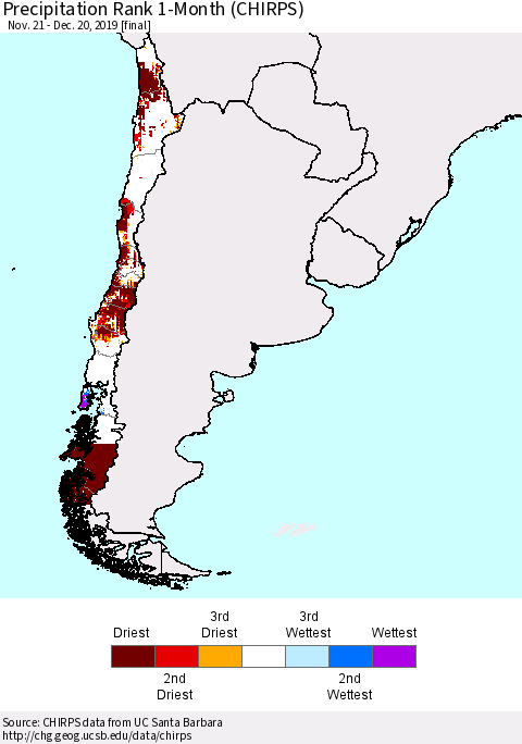 Chile Precipitation Rank 1-Month (CHIRPS) Thematic Map For 11/21/2019 - 12/20/2019