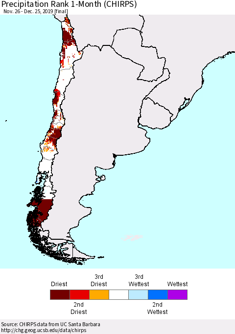 Chile Precipitation Rank since 1981, 1-Month (CHIRPS) Thematic Map For 11/26/2019 - 12/25/2019