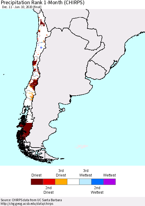 Chile Precipitation Rank since 1981, 1-Month (CHIRPS) Thematic Map For 12/11/2019 - 1/10/2020