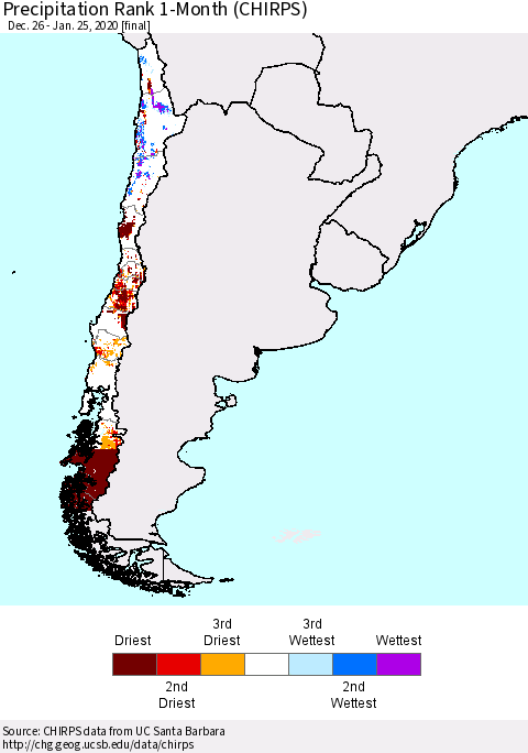Chile Precipitation Rank since 1981, 1-Month (CHIRPS) Thematic Map For 12/26/2019 - 1/25/2020