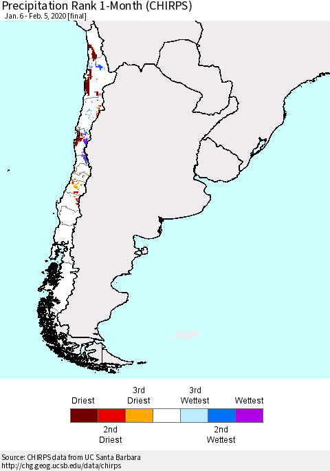 Chile Precipitation Rank since 1981, 1-Month (CHIRPS) Thematic Map For 1/6/2020 - 2/5/2020