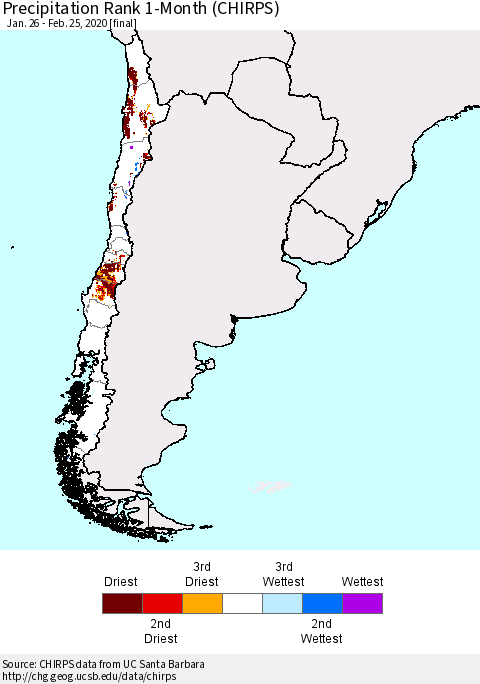 Chile Precipitation Rank since 1981, 1-Month (CHIRPS) Thematic Map For 1/26/2020 - 2/25/2020