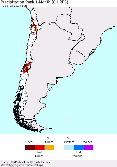 Chile Precipitation Rank since 1981, 1-Month (CHIRPS) Thematic Map For 2/1/2020 - 2/29/2020