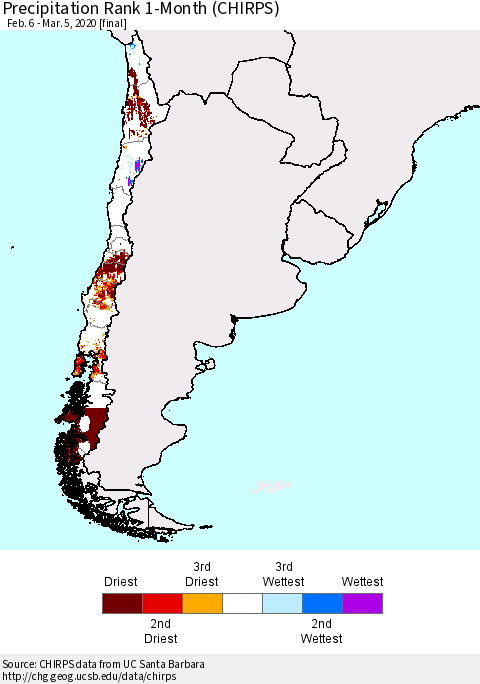 Chile Precipitation Rank since 1981, 1-Month (CHIRPS) Thematic Map For 2/6/2020 - 3/5/2020