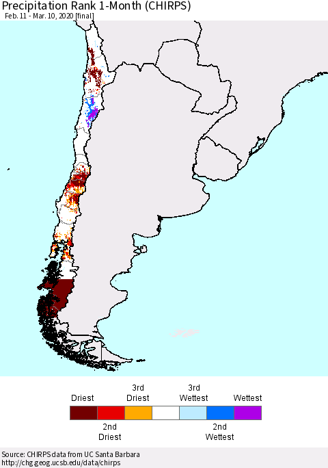 Chile Precipitation Rank 1-Month (CHIRPS) Thematic Map For 2/11/2020 - 3/10/2020