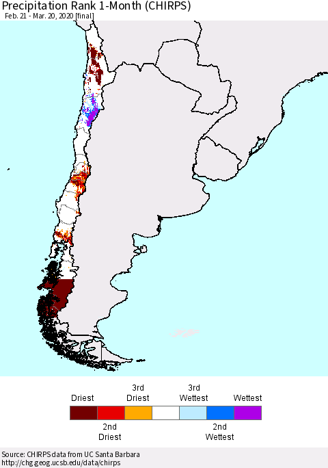 Chile Precipitation Rank since 1981, 1-Month (CHIRPS) Thematic Map For 2/21/2020 - 3/20/2020