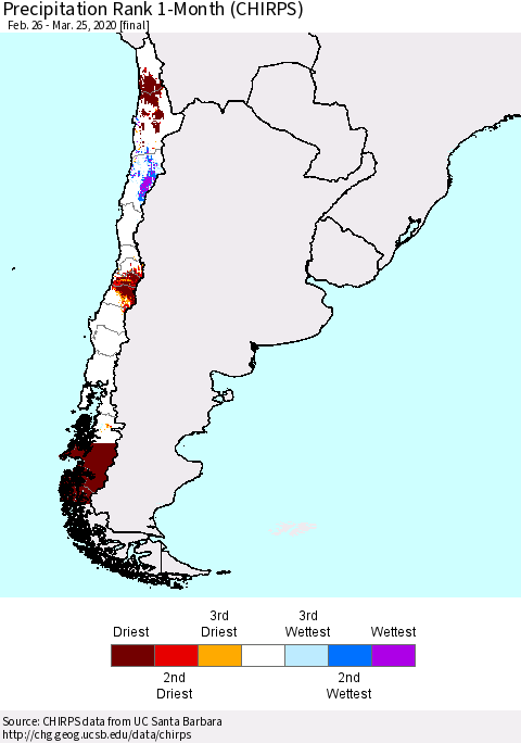 Chile Precipitation Rank since 1981, 1-Month (CHIRPS) Thematic Map For 2/26/2020 - 3/25/2020