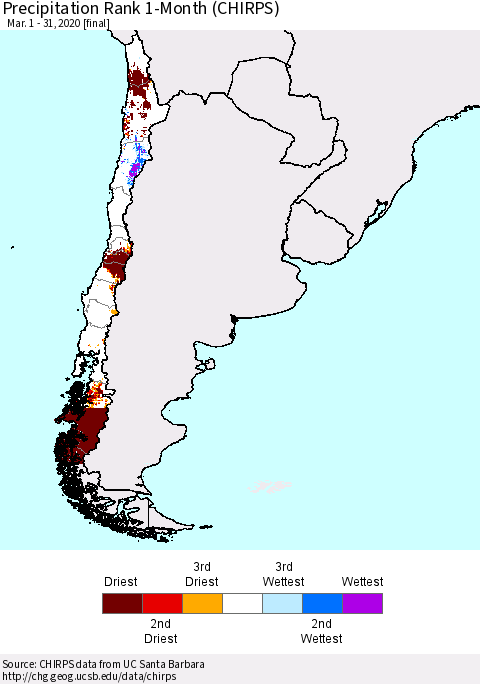 Chile Precipitation Rank 1-Month (CHIRPS) Thematic Map For 3/1/2020 - 3/31/2020