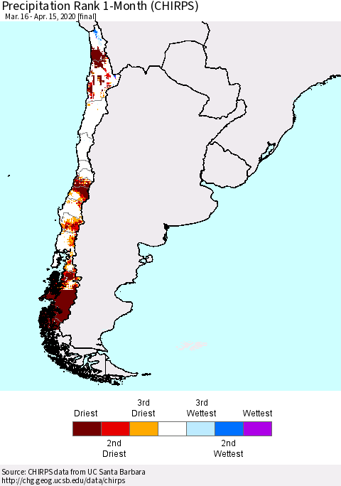 Chile Precipitation Rank 1-Month (CHIRPS) Thematic Map For 3/16/2020 - 4/15/2020