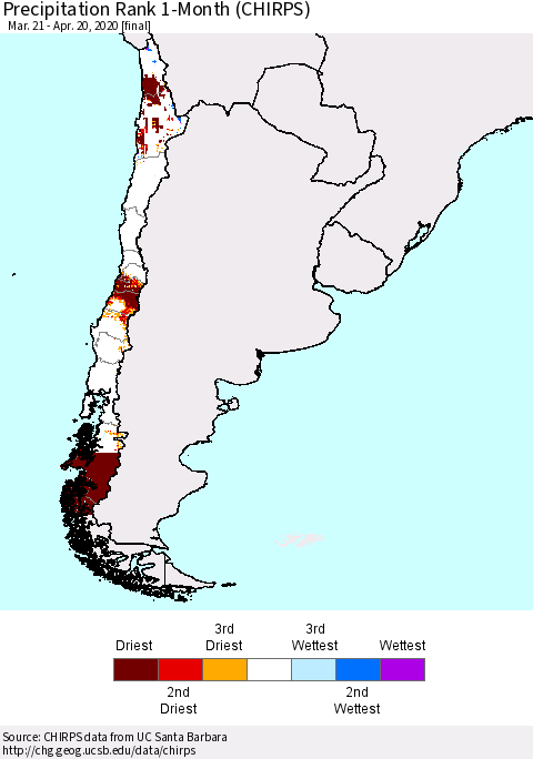 Chile Precipitation Rank since 1981, 1-Month (CHIRPS) Thematic Map For 3/21/2020 - 4/20/2020