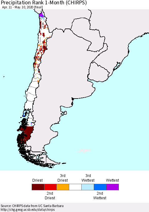Chile Precipitation Rank 1-Month (CHIRPS) Thematic Map For 4/11/2020 - 5/10/2020