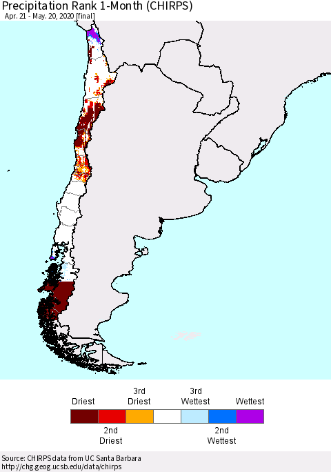 Chile Precipitation Rank 1-Month (CHIRPS) Thematic Map For 4/21/2020 - 5/20/2020