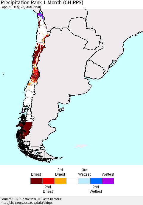 Chile Precipitation Rank 1-Month (CHIRPS) Thematic Map For 4/26/2020 - 5/25/2020