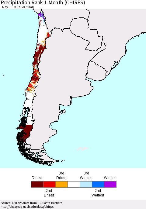 Chile Precipitation Rank 1-Month (CHIRPS) Thematic Map For 5/1/2020 - 5/31/2020