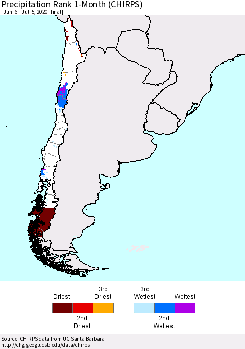 Chile Precipitation Rank 1-Month (CHIRPS) Thematic Map For 6/6/2020 - 7/5/2020