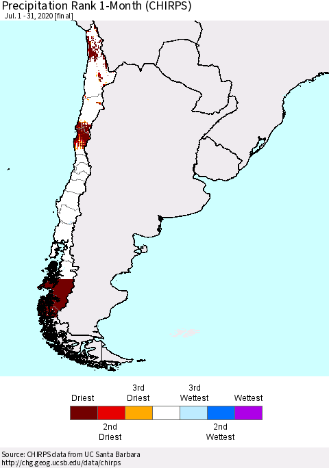 Chile Precipitation Rank since 1981, 1-Month (CHIRPS) Thematic Map For 7/1/2020 - 7/31/2020