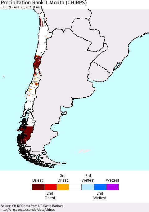 Chile Precipitation Rank 1-Month (CHIRPS) Thematic Map For 7/21/2020 - 8/20/2020