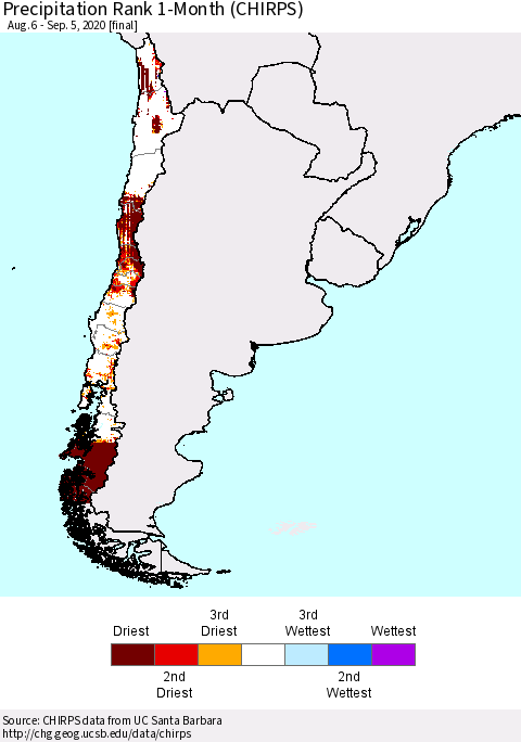 Chile Precipitation Rank since 1981, 1-Month (CHIRPS) Thematic Map For 8/6/2020 - 9/5/2020