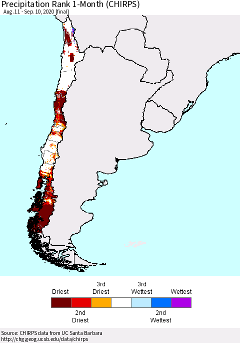 Chile Precipitation Rank 1-Month (CHIRPS) Thematic Map For 8/11/2020 - 9/10/2020