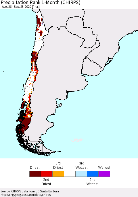 Chile Precipitation Rank 1-Month (CHIRPS) Thematic Map For 8/26/2020 - 9/25/2020