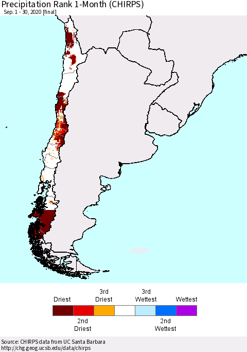 Chile Precipitation Rank since 1981, 1-Month (CHIRPS) Thematic Map For 9/1/2020 - 9/30/2020