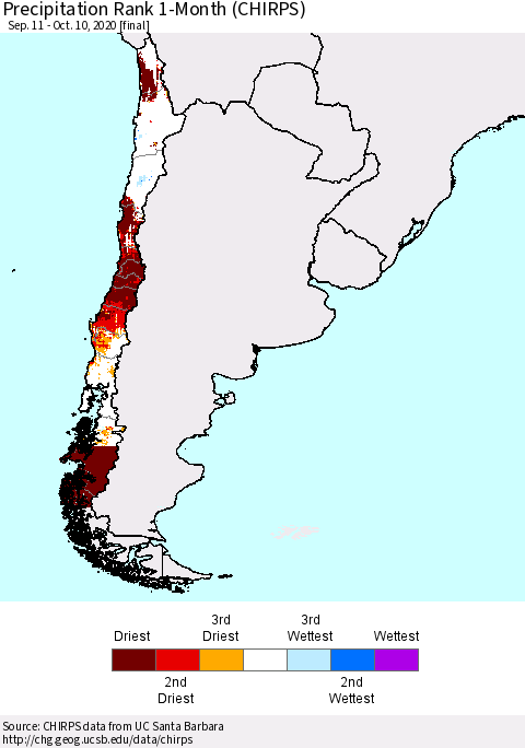 Chile Precipitation Rank since 1981, 1-Month (CHIRPS) Thematic Map For 9/11/2020 - 10/10/2020