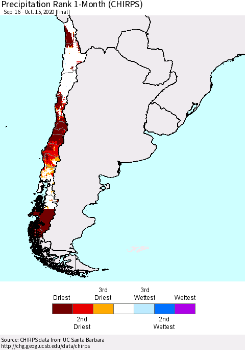 Chile Precipitation Rank since 1981, 1-Month (CHIRPS) Thematic Map For 9/16/2020 - 10/15/2020