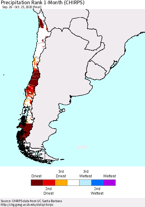 Chile Precipitation Rank since 1981, 1-Month (CHIRPS) Thematic Map For 9/26/2020 - 10/25/2020