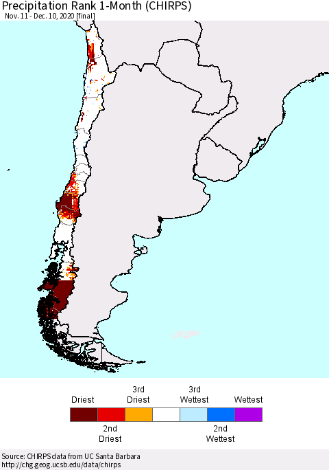 Chile Precipitation Rank since 1981, 1-Month (CHIRPS) Thematic Map For 11/11/2020 - 12/10/2020