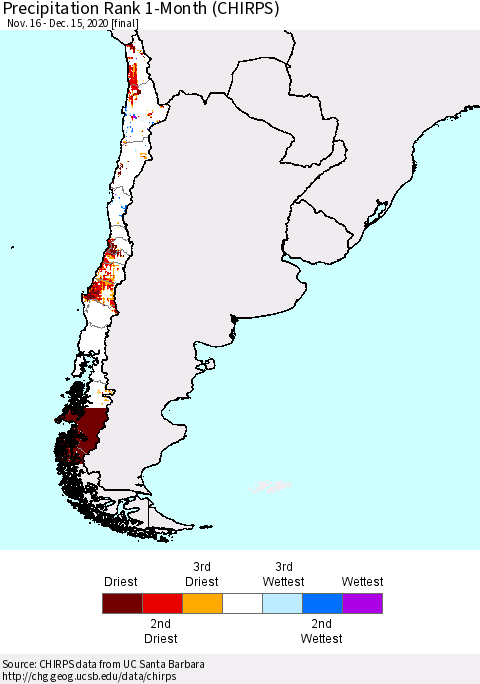 Chile Precipitation Rank since 1981, 1-Month (CHIRPS) Thematic Map For 11/16/2020 - 12/15/2020