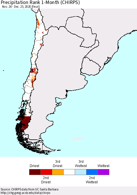 Chile Precipitation Rank since 1981, 1-Month (CHIRPS) Thematic Map For 11/26/2020 - 12/25/2020