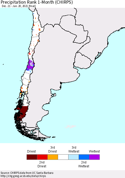 Chile Precipitation Rank since 1981, 1-Month (CHIRPS) Thematic Map For 12/21/2020 - 1/20/2021
