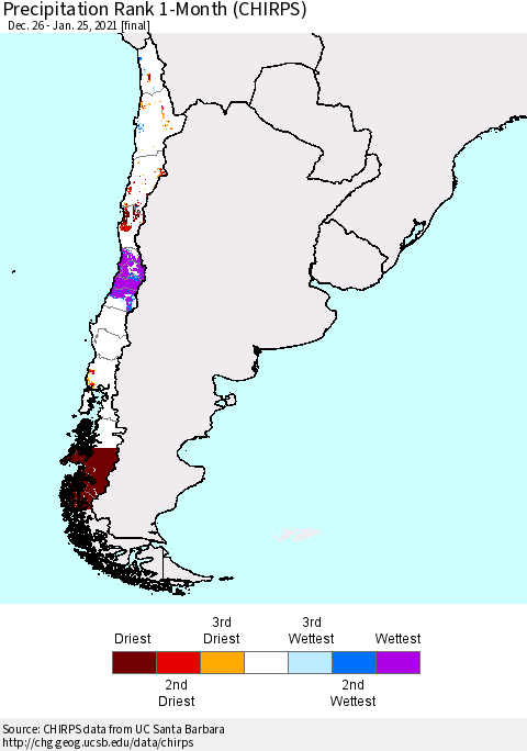 Chile Precipitation Rank 1-Month (CHIRPS) Thematic Map For 12/26/2020 - 1/25/2021