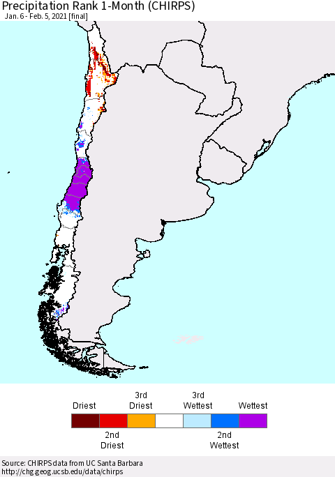 Chile Precipitation Rank 1-Month (CHIRPS) Thematic Map For 1/6/2021 - 2/5/2021