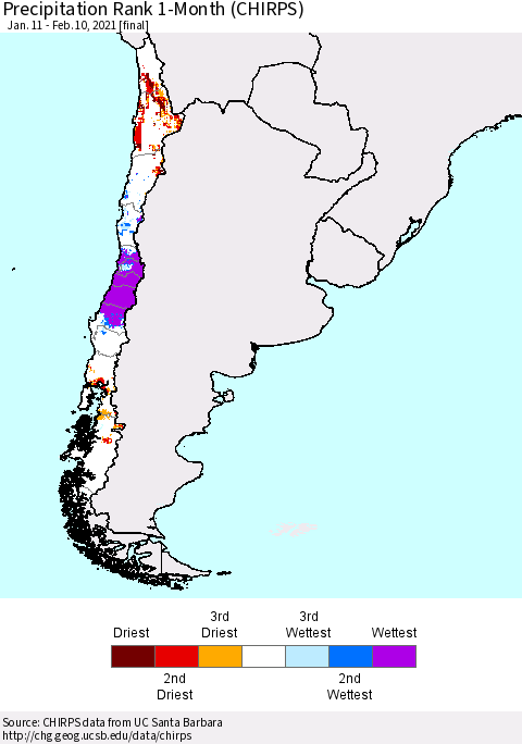 Chile Precipitation Rank 1-Month (CHIRPS) Thematic Map For 1/11/2021 - 2/10/2021