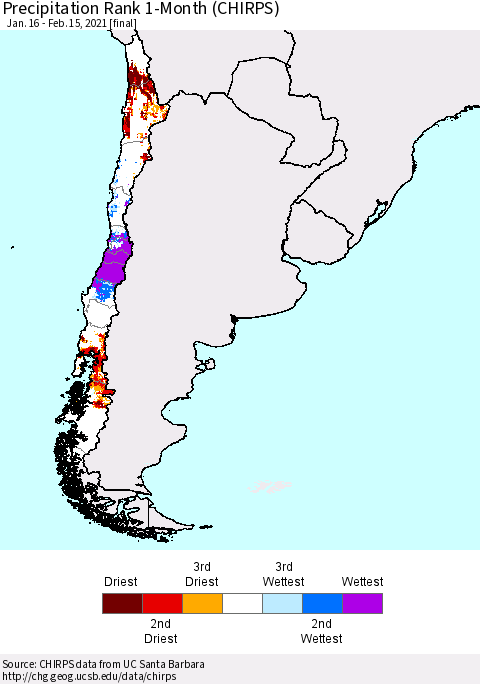 Chile Precipitation Rank since 1981, 1-Month (CHIRPS) Thematic Map For 1/16/2021 - 2/15/2021