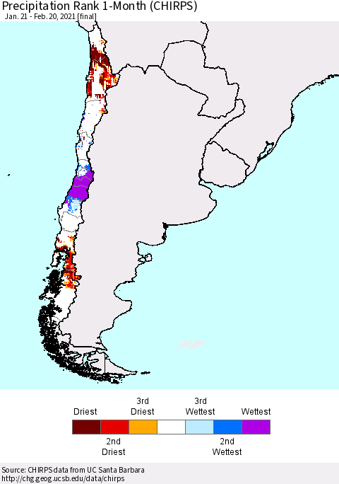 Chile Precipitation Rank since 1981, 1-Month (CHIRPS) Thematic Map For 1/21/2021 - 2/20/2021