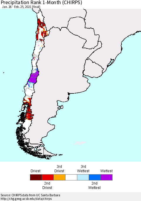Chile Precipitation Rank 1-Month (CHIRPS) Thematic Map For 1/26/2021 - 2/25/2021