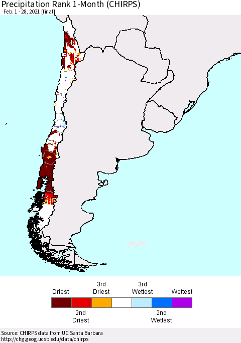 Chile Precipitation Rank since 1981, 1-Month (CHIRPS) Thematic Map For 2/1/2021 - 2/28/2021