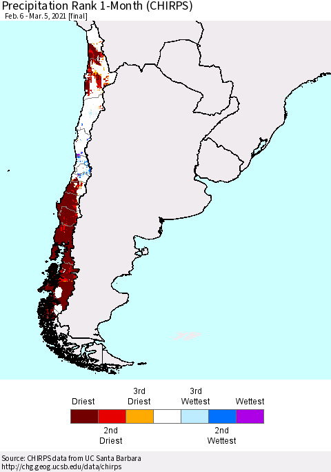 Chile Precipitation Rank since 1981, 1-Month (CHIRPS) Thematic Map For 2/6/2021 - 3/5/2021