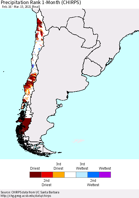 Chile Precipitation Rank 1-Month (CHIRPS) Thematic Map For 2/16/2021 - 3/15/2021