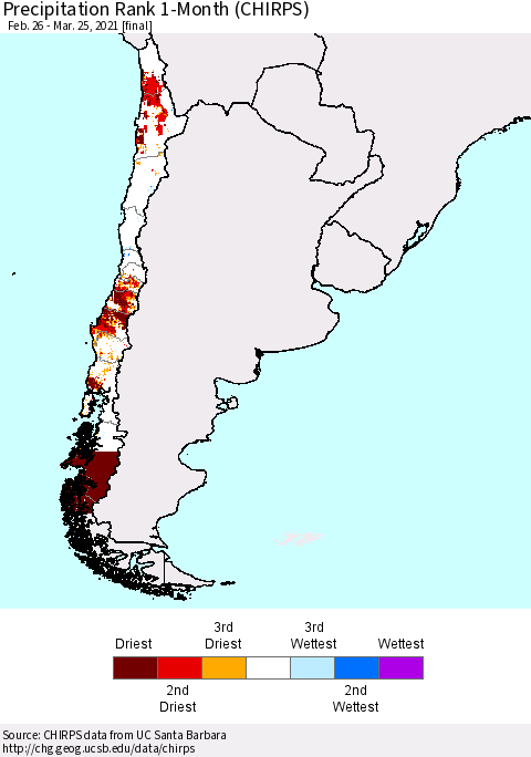 Chile Precipitation Rank 1-Month (CHIRPS) Thematic Map For 2/26/2021 - 3/25/2021