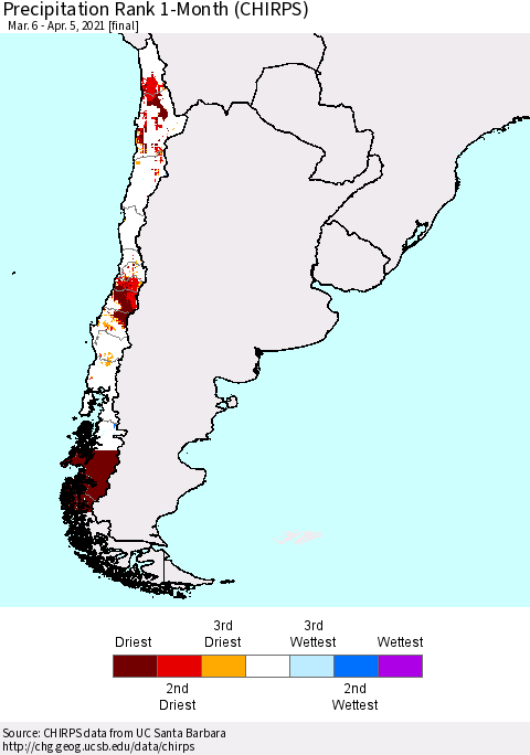 Chile Precipitation Rank since 1981, 1-Month (CHIRPS) Thematic Map For 3/6/2021 - 4/5/2021