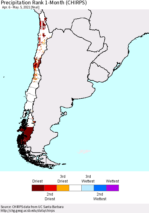 Chile Precipitation Rank since 1981, 1-Month (CHIRPS) Thematic Map For 4/6/2021 - 5/5/2021