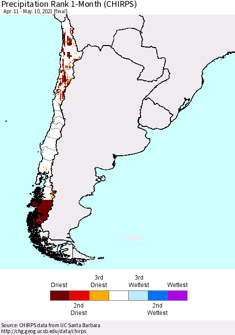 Chile Precipitation Rank since 1981, 1-Month (CHIRPS) Thematic Map For 4/11/2021 - 5/10/2021