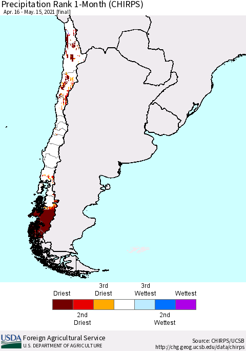 Chile Precipitation Rank 1-Month (CHIRPS) Thematic Map For 4/16/2021 - 5/15/2021