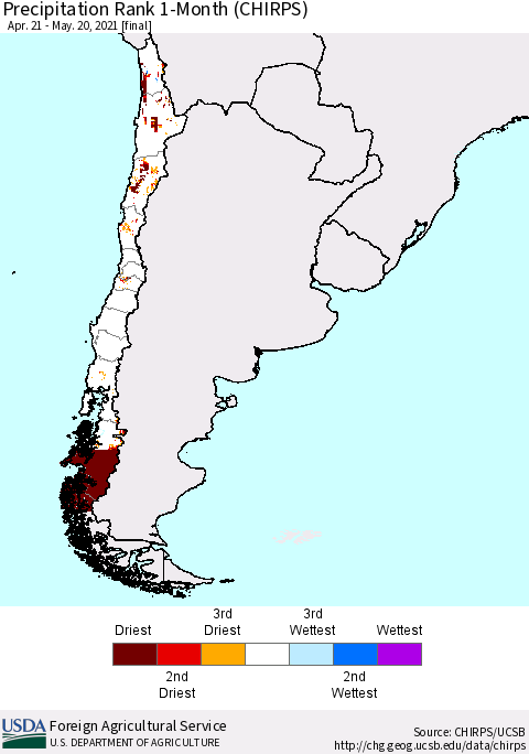 Chile Precipitation Rank 1-Month (CHIRPS) Thematic Map For 4/21/2021 - 5/20/2021